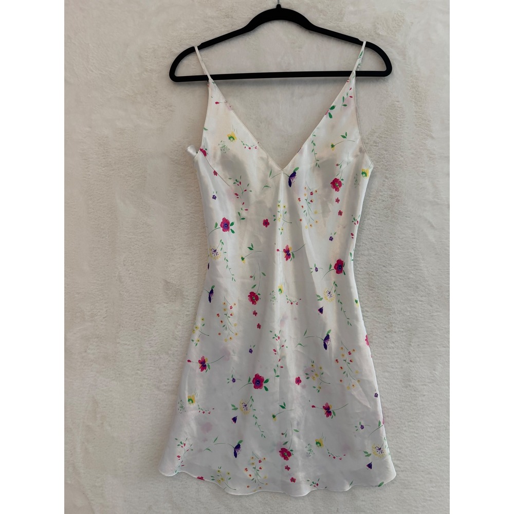 Kim Rogers Floral Satin Slip Dress Womens Small White Pink V-Neck Mini Dress